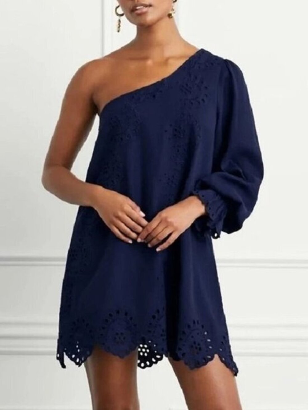 New Hill House Mila Linen Cotton Embroidered One Sleeve Mini Dress Navy Medium